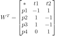 W^T=\begin{bmatrix} * & t1 & t2 \\ p1 & -1  & 1 \\ p2 & 1 & -1 \\ p3 & 1 & -1 \\ p4 & 0 & 1 \end{bmatrix}