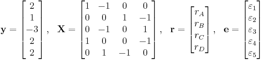 \begin{matrix}
   \mathbf{y}=\left[ \begin{matrix}
   2  \\
   1  \\
   -3  \\
   2  \\
   2  \\
\end{matrix} \right], & \mathbf{X}=\left[ \begin{matrix}
   1 & -1 & 0 & 0  \\
   0 & 0 & 1 & -1  \\
   0 & -1 & 0 & 1  \\
   1 & 0 & 0 & -1  \\
   0 & 1 & -1 & 0  \\
\end{matrix} \right], & \mathbf{r}=\left[ \begin{matrix}
   r_{A}  \\
   r_{B}  \\
   r_{C}  \\
   r_{D}  \\
\end{matrix} \right], & \mathbf{e}=\left[ \begin{matrix}
   \varepsilon _{1}  \\
   \varepsilon _{2}  \\
   \varepsilon _{3}  \\
   \varepsilon _{4}  \\
   \varepsilon _{5}  \\
\end{matrix} \right]  \\
\end{matrix}