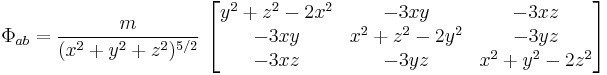 \Phi_{ab} = \frac{m}{(x^2%2By^2%2Bz^2)^{5/2}} \, \left[ \begin{matrix} y^2%2Bz^2-2x^2 & -3xy & -3xz \\ -3xy & x^2%2Bz^2-2y^2 & -3yz \\ -3xz & -3yz & x^2%2By^2-2z^2 \end{matrix} \right] 