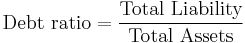 \mbox{Debt ratio} = \frac {\mbox{Total Liability}} {\mbox{Total Assets}}