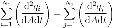  \sum_{i=1}^{N_1} \left (\frac{{\rm d}^2 q_i}{{\rm d} A {\rm d} t} \right ) = \sum_{j=1}^{N_2} \left ( \frac{{\rm d}^2 q_j}{{\rm d} A {\rm d} t} \right ) \,\!