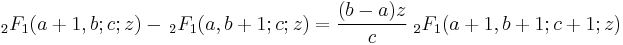  \; {}_2F_1(a%2B1,b;c;z)- \, {}_2F_1(a,b%2B1;c;z) = \frac{(b-a)z}{c} \; {}_2F_1(a%2B1,b%2B1;c%2B1;z)