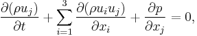 
{\partial(\rho u_j)\over\partial t}%2B
\sum_{i=1}^3
{\partial(\rho u_i u_j)\over\partial x_i}%2B
{\partial p\over\partial x_j}
=0,
