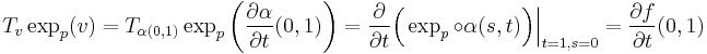 
T_v\exp_p(v)=T_{\alpha(0,1)}\exp_p\left(\frac{\partial \alpha}{\partial t}(0,1)\right)=\frac{\partial}{\partial t}\Bigl(\exp_p\circ\alpha(s,t)\Bigr)\Big\vert_{t=1, s=0}=\frac{\partial f}{\partial t}(0,1)
