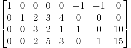 
  \begin{bmatrix}
    1 & 0 & 0 & 0 & 0 & -1 & -1 &  0 \\  
    0 & 1 & 2 & 3 & 4 &  0 &  0 &  0 \\   
    0 & 0 & 3 & 2 & 1 &  1 &  0 & 10 \\
    0 & 0 & 2 & 5 & 3 &  0 &  1 & 15
  \end{bmatrix}
