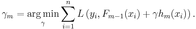 \gamma_m = \underset{\gamma}{\operatorname{arg\,min}} \sum_{i=1}^n L\left(y_i, F_{m-1}(x_i) %2B \gamma h_m(x_i)\right).