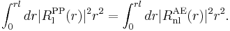 \int_{0}^{rl}dr|R_{\rm l}^{\rm PP}(r)|^2r^2=\int_{0}^{rl}dr|R_{\rm nl}^{\rm AE}(r)|^2r^2.