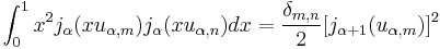 \int_0^1 x^2 j_\alpha(x u_{\alpha,m}) j_\alpha(x u_{\alpha,n}) dx
= \frac{\delta_{m,n}}{2} [j_{\alpha%2B1}(u_{\alpha,m})]^2\!