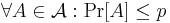  \forall A \in \mathcal{A}: \Pr[A] \leq  p 