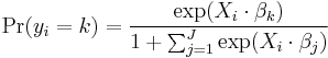 \Pr(y_{i}=k)=\frac{\exp(X_{i} \cdot \beta_{k})}{1%2B\sum_{j=1}^{J}\exp(X_{i} \cdot \beta_{j})}