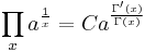 \prod _x a^{\frac{1}{x}} = C a^{\frac{\Gamma'(x)}{\Gamma(x)}} \,