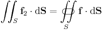  \iint_S \bold{f}_2 \cdot {\rm d}\bold{S} = \iint\limits_{S}\!\!\!\!\!\!\!\!\!\!\!\subset\!\supset \bold{f} \cdot {\rm d}\bold{S}