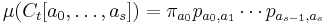 \mu(C_t[a_0,\ldots,a_s]) = \pi_{a_0} p_{a_0,a_1} \cdots p_{a_{s-1}, a_s}