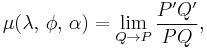 \mu(\lambda,\,\phi,\,\alpha)=\lim_{Q\to P}\frac{P'Q'}{PQ},