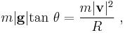 m |\mathbf{g}| \mathrm{tan}\ \theta = \frac{m|\mathbf{v}|^2}{R} \ ,