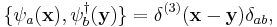 \{\psi_a(\textbf{x}),\psi_b^{\dagger}(\textbf{y})\} = \delta^{(3)}(\textbf{x}-\textbf{y})\delta_{ab},