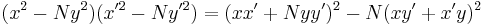  \ (x^2-Ny^2)(x'^2-Ny'^2) = (xx'%2BNyy')^2 - N(xy'%2Bx'y)^2 