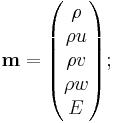 
{\bold m}=\begin{pmatrix}\rho  \\  \rho u  \\  \rho v  \\ \rho w  \\E\end{pmatrix};
