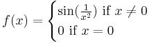 f(x)=\begin{cases}
  \sin(\frac{1}{x^2})\mbox{ if }x \ne 0\\
  0\mbox{ if }x = 0
\end{cases}