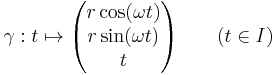  \mathbf{\gamma}:t \mapsto \begin{pmatrix}
 r \cos (\omega t)\\
 r \sin (\omega t)\\
 t\\
\end{pmatrix}\qquad (t \in I)