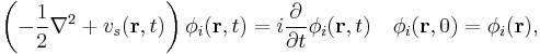 \left(-\frac{1}{2}\nabla^{2}%2Bv_{s}(\mathbf{r},t)\right)\phi_{i}(\mathbf{r},t)=i\frac{\partial}{\partial t}\phi_{i}(\mathbf{r},t)\ \ \ \phi_{i}(\mathbf{r},0)=\phi_{i}(\mathbf{r}),