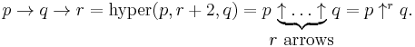 \begin{matrix}
p \to q \to r = \text{hyper}(p,r%2B2,q) = p \!\!\! & \underbrace{ \uparrow \dots \uparrow } & \!\!\! q = p\uparrow^r q.\\
& \!\!\! r \text{ arrows} \!\!\!
\end{matrix}