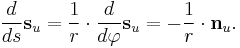 \frac{d}{ds}{\mathbf{s}}_u=\frac{1}{r}\cdot\frac{d}{d\varphi}{\mathbf{s}}_u=-\frac{1}{r}\cdot{\mathbf{n}}_u.