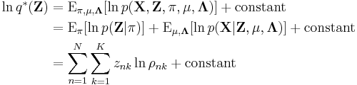 
\begin{align}
\ln q^*(\mathbf{Z}) &= \operatorname{E}_{\mathbf{\pi},\mathbf{\mu},\mathbf{\Lambda}}[\ln p(\mathbf{X},\mathbf{Z},\mathbf{\pi},\mathbf{\mu},\mathbf{\Lambda})] %2B \text{constant} \\
                    &= \operatorname{E}_{\mathbf{\pi}}[\ln p(\mathbf{Z}|\mathbf{\pi})] %2B \operatorname{E}_{\mathbf{\mu},\mathbf{\Lambda}}[\ln p(\mathbf{X}|\mathbf{Z},\mathbf{\mu},\mathbf{\Lambda})] %2B \text{constant} \\
                    &= \sum_{n=1}^N \sum_{k=1}^K z_{nk} \ln \rho_{nk} %2B \text{constant}
\end{align}
