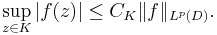 \sup_{z\in K} |f(z)| \le C_K\|f\|_{L^p(D)}.