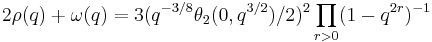 \displaystyle 2\rho(q)%2B\omega(q) = 3(q^{-3/8}\theta_2(0,q^{3/2})/2)^2\prod_{r>0}(1-q^{2r})^{-1}