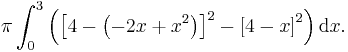 \pi \int_0^3 \left({\left[4-\left(-2x%2Bx^2\right)\right]}^2 - {[4-x]}^2\right) \mathrm{d}x.