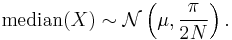 {\mathrm{median}}(X) \sim \mathcal{N}\left(\mu, \frac{\pi}{2N}\right).