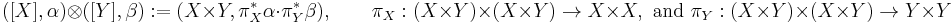 ([X], \alpha) \otimes ([Y], \beta)�:= (X \times Y, \pi_X^{*}\alpha \cdot \pi_Y^{*}\beta), \qquad \pi_X�: (X \times Y) \times (X \times Y) \to X \times X, \mbox{ and } \pi_Y�: (X \times Y) \times (X \times Y) \to Y \times Y