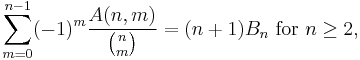 \sum_{m=0}^{n-1}(-1)^m\frac{A(n,m)}{\binom{n}{m}}=(n%2B1)B_{n} \text{ for }n \ge 2,