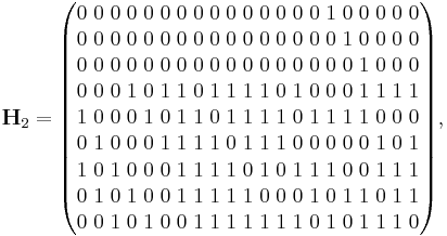 
\mathbf{H}_2=     
\begin{pmatrix}
0 \; 0 \; 0 \; 0 \; 0 \; 0 \; 0 \; 0 \; 0 \; 0 \; 0 \; 0 \; 0 \; 0 \; 0 \; 1 \; 0 \; 0 \; 0 \; 0 \; 0 \\
0 \; 0 \; 0 \; 0 \; 0 \; 0 \; 0 \; 0 \; 0 \; 0 \; 0 \; 0 \; 0 \; 0 \; 0 \; 0 \; 1 \; 0 \; 0 \; 0 \; 0 \\
0 \; 0 \; 0 \; 0 \; 0 \; 0 \; 0 \; 0 \; 0 \; 0 \; 0 \; 0 \; 0 \; 0 \; 0 \; 0 \; 0 \; 1 \; 0 \; 0 \; 0 \\
0 \; 0 \; 0 \; 1 \; 0 \; 1 \; 1 \; 0 \; 1 \; 1 \; 1 \; 1 \; 0 \; 1 \; 0 \; 0 \; 0 \; 1 \; 1 \; 1 \; 1 \\
1 \; 0 \; 0 \; 0 \; 1 \; 0 \; 1 \; 1 \; 0 \; 1 \; 1 \; 1 \; 1 \; 0 \; 1 \; 1 \; 1 \; 1 \; 0 \; 0 \; 0 \\
0 \; 1 \; 0 \; 0 \; 0 \; 1 \; 1 \; 1 \; 1 \; 0 \; 1 \; 1 \; 1 \; 0 \; 0 \; 0 \; 0 \; 0 \; 1 \; 0 \; 1 \\
1 \; 0 \; 1 \; 0 \; 0 \; 0 \; 1 \; 1 \; 1 \; 1 \; 0 \; 1 \; 0 \; 1 \; 1 \; 1 \; 0 \; 0 \; 1 \; 1 \; 1 \\
0 \; 1 \; 0 \; 1 \; 0 \; 0 \; 1 \; 1 \; 1 \; 1 \; 1 \; 0 \; 0 \; 0 \; 1 \; 0 \; 1 \; 1 \; 0 \; 1 \; 1 \\
0 \; 0 \; 1 \; 0 \; 1 \; 0 \; 0 \; 1 \; 1 \; 1 \; 1 \; 1 \; 1 \; 1 \; 0 \; 1 \; 0 \; 1 \; 1 \; 1 \; 0
\end{pmatrix},
