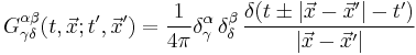 G^{\alpha \beta}_{\gamma \delta} (t,\vec{x};t',\vec{x}') = \frac{1}{4\pi} \delta_{\gamma}^\alpha\, \delta_{\delta}^\beta\, \frac{\delta(t\pm|\vec{x}-\vec{x}'|-t')} {|\vec{x}-\vec{x}'|}