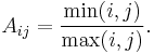 A_{ij} = \frac{\mbox{min}(i,j)}{\mbox{max}(i,j)}.