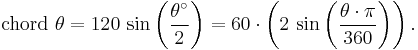  \mathrm{chord}\ \theta = 120 \, \sin\left(\frac{\theta^\circ}{2}\right) = 60 \cdot \left( 2 \, \sin\left(\frac{\theta \cdot \pi}{360}\right) \right).