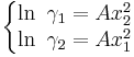 
\left\{\begin{matrix}  \ln\ \gamma_1=Ax^2_2
\\  \ln\ \gamma_2=Ax^2_1
\end{matrix}\right.