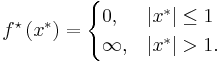 
f^\star\left(x^{*} \right)
= \begin{cases} 0,      & \left|x^{*} \right| \le 1
             \\ \infty, & \left|x^{*} \right|  >  1.
  \end{cases}
