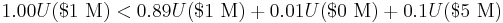 1.00U($1\text{ M}) < 0.89U($1\text{ M}) %2B 0.01U($0\text{ M}) %2B 0.1U($5\text{ M})\,