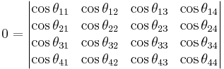 0 = \begin{vmatrix}

\cos \theta_{11} & \cos \theta_{12} & \cos \theta_{13} & \cos \theta_{14} \\
\cos \theta_{21} & \cos \theta_{22} & \cos \theta_{23} & \cos \theta_{24} \\
\cos \theta_{31} & \cos \theta_{32} & \cos \theta_{33} & \cos \theta_{34} \\
\cos \theta_{41} & \cos \theta_{42} & \cos \theta_{43} & \cos \theta_{44} \end{vmatrix}