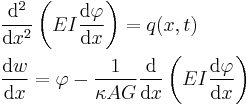 
 \begin{align}
    & \frac{\mathrm{d}^2}{\mathrm{d} x^2}\left(EI\frac{\mathrm{d} \varphi}{\mathrm{d} x}\right) = q(x,t) \\
    & \frac{\mathrm{d} w}{\mathrm{d} x} = \varphi - \frac{1}{\kappa AG} \frac{\mathrm{d}}{\mathrm{d} x}\left(EI\frac{\mathrm{d} \varphi}{\mathrm{d} x}\right)
  \end{align}
