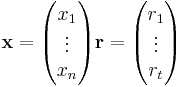 \mathbf{x} = \begin{pmatrix} x_1 \\  \vdots      \\    x_n \end{pmatrix} \mathbf{r} = \begin{pmatrix} r_1 \\  \vdots      \\    r_t \end{pmatrix}