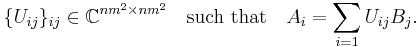 \{U_{ij}\}_{ij} \in \mathbb{C}^{nm^2 \times nm^2} \quad \text{such that}
\quad A_i = \sum _{i = 1} U_{ij} B_j.
