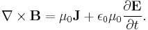 \nabla \times \mathbf{B} = \mu_0 \mathbf{J} %2B \epsilon_0 \mu_0 \frac{\partial \mathbf{E}}{\partial t}.