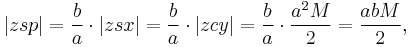 |zsp|=\frac b a \cdot|zsx|=\frac b a \cdot|zcy|=\frac b a\cdot\frac{a^2 M}2 = \frac {a b M}{2}, 