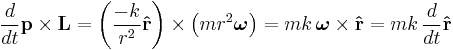 
 \frac{d}{dt} \mathbf{p} \times \mathbf{L}  = \left( \frac{-k}{r^2} \mathbf{\hat{r}} \right) \times \left(m r^2 \boldsymbol{\omega}\right)
= m k \, \boldsymbol{\omega} \times \mathbf{\hat{r}} = m k \,\frac{d}{dt}\mathbf{\hat{r}}
