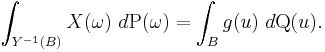  \int_{Y^{-1}(B)} X(\omega) \ d \operatorname{P}(\omega) = \int_{B} g(u) \ d \operatorname{Q} (u). 