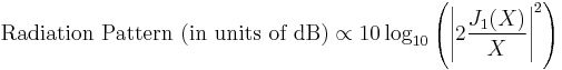 
\displaystyle\mbox{Radiation Pattern (in units of dB)} \propto 10\log_{10}\left(\left|2\frac{J_1(X)}{X}\right|^2\right)
